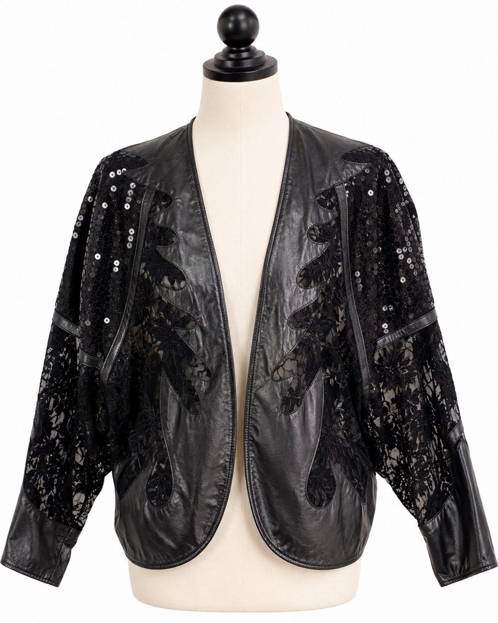 Vintage D Julius Black Leather Lace Sequin Open Front Jacket One Size USA
